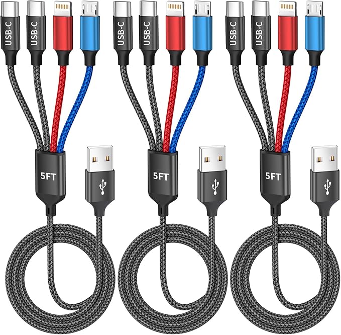 MPATIBY Dual Type-C 4 in 1 Multi Charging Cable for Multiple Devices with 2 USB-C/Lightning/Micro Port, USB Cable iPhone Charger Cord, Travel Charger for iPhone17-8, Android iPad and More- 3Packs 5FT