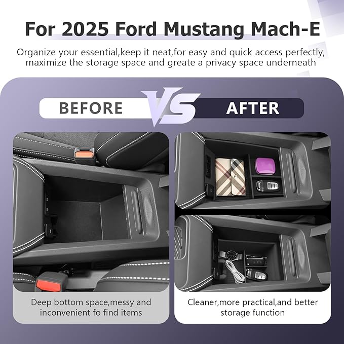 LUWU 2025 Mustang Mach E Center Console Organizer for 2025 Ford Mustang Mach E Select/Premium/GT Accessories Armrest Console Storage Box Glove Organizer Tray Silicone Material 2-Pack (Black)