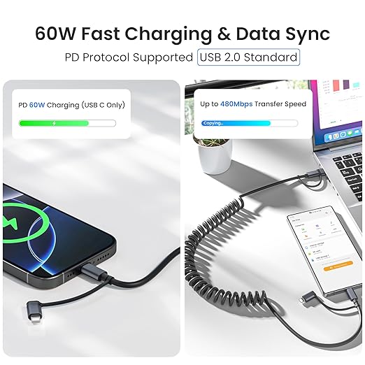 Basesailor 4 in 1 USB C to USBC Coiled Car Charger Cord for iPhone 17 Air 4.6FT,60W Multi Type C Fast Charging Coil Cable with USB and Lightning Adapter for Android Auto,Apple 16 15 Pro Max,S23 S22