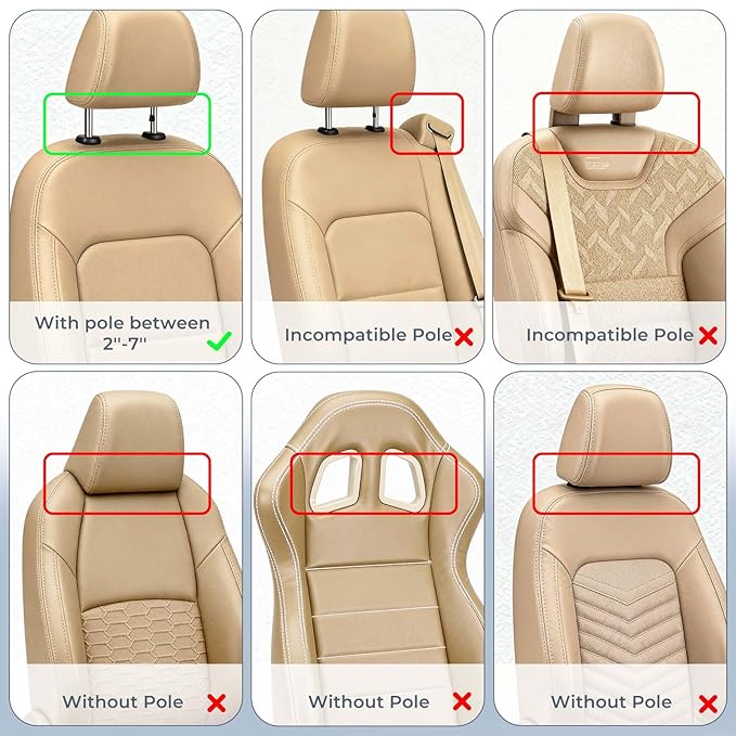 Yoocaa Adjustable Car Headrest Pillow, Road Pal Headrest, U-Shaped Travel Sleeping Pillow for Kids & Adults, Head Neck Support Only Suitable for Car Seat Headrest with Poles, Khaki