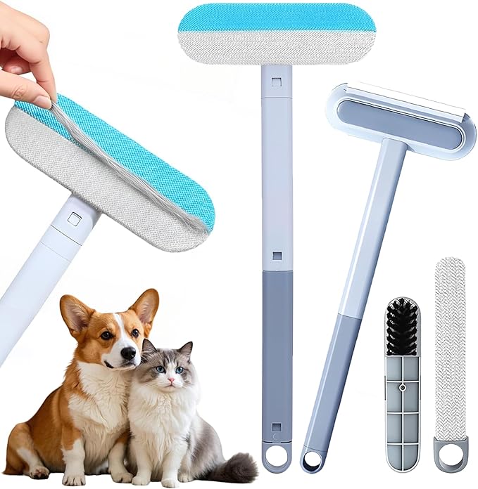Pet Hair Remover, 4 in 1 Multifunctional Pet Hair Removal Tool for Dog and Cat, Resuable Long Handle Fur Remover with Dual-Sided Cleaning Brush, Washable Fur Brush for Furniture,Couch,Carpet,Clothes