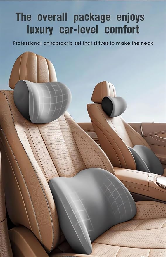 Car Headrest & Lumbar Support Cushion Ergonomic Car Seat Neck Back Rest Pillows Orthopedic Memory Foam Head Rest and Lower Lumbar Support Pillow Set Backrest Driving Seat Office Chair Support (Brown)