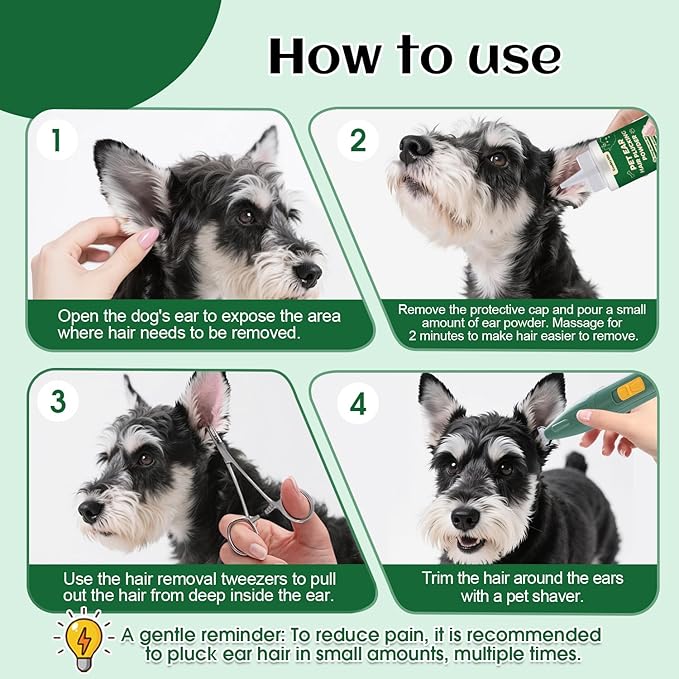 Dog Ear Hair Removal Tool – 30g Ear Powder, 5.5" Hemostat & Electric Dog Ear Trimmer – Helps Reduce Wax & Odor – Grooming Kit for Schnauzers, Poodles & Breeds with Ear Hair