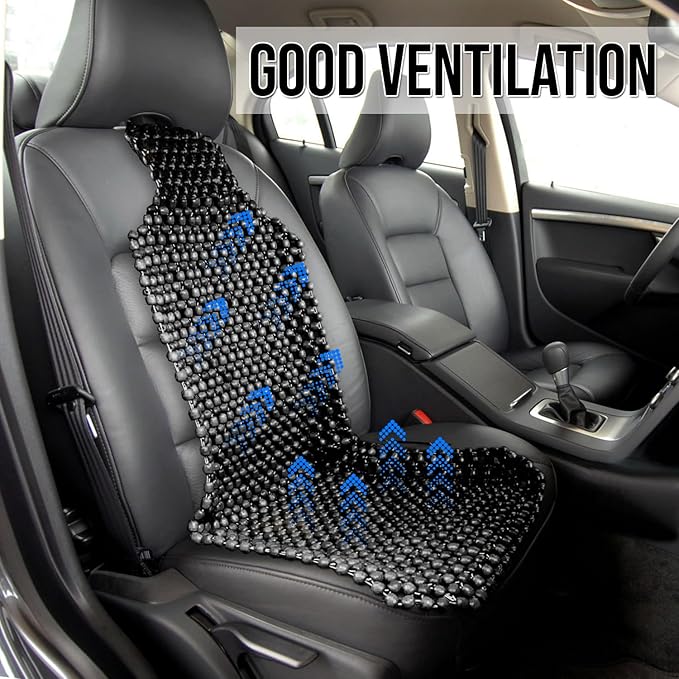 ZONETECH Black Wood Beaded Seat Cushion - Premium Quality Massaging Double Strung for Stress-Free Driving All Day,Universal Fit for Vehicles and Office Chairs (2 Pack)