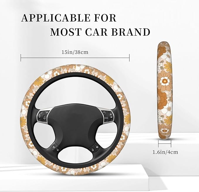 Retro Flowers Steering Wheel Cover for Men Women Universal Car Accessories 15 Inch Neoprene Auto Interior Decor