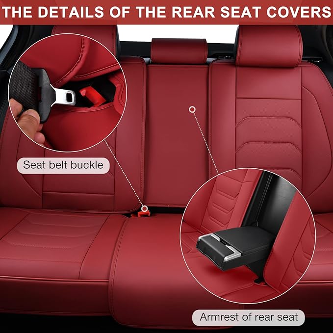 Martha Red Car Seat Covers Full Set, Breathable Leather Automotive Front and Rear Seat Covers & Headrest for Comfortable Driving, Universal Auto Interior Fit for Most Kinds of Vehicles, Cars