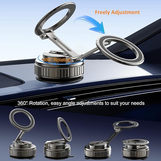 Kairiyard Phone Holders for Your Car, Ultra Vacuum Suction Cup Magnetic Car Phone Holder Mount 360° Adjustable Foldable Cars Phone Stand Compatible with MagSafe iPhone All Smartphones