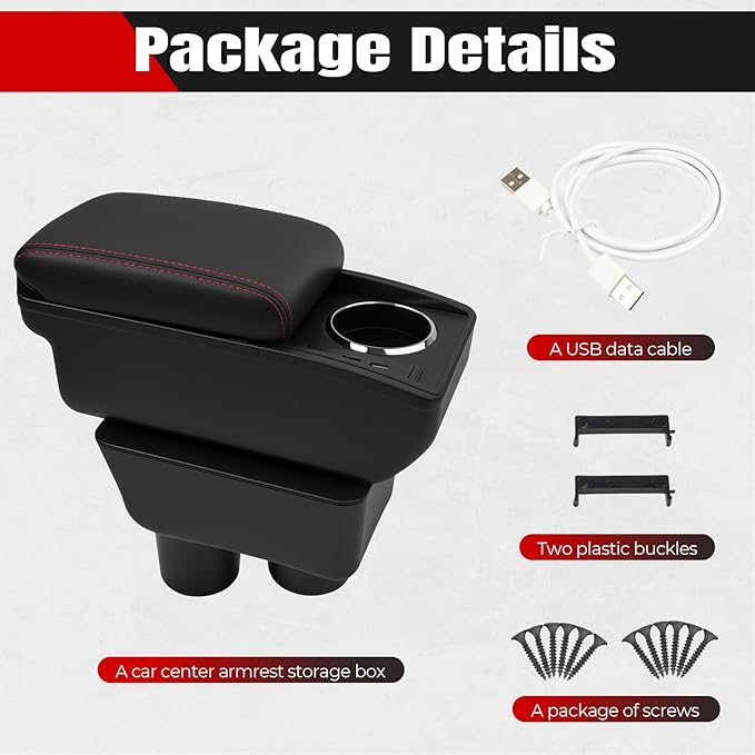 Car Armrest Storage Box Compatible with Nissan Almera Versa 2012-2019 Double Layer with 6 Ports and Cup Holder Car Interior Accessories Red Thread