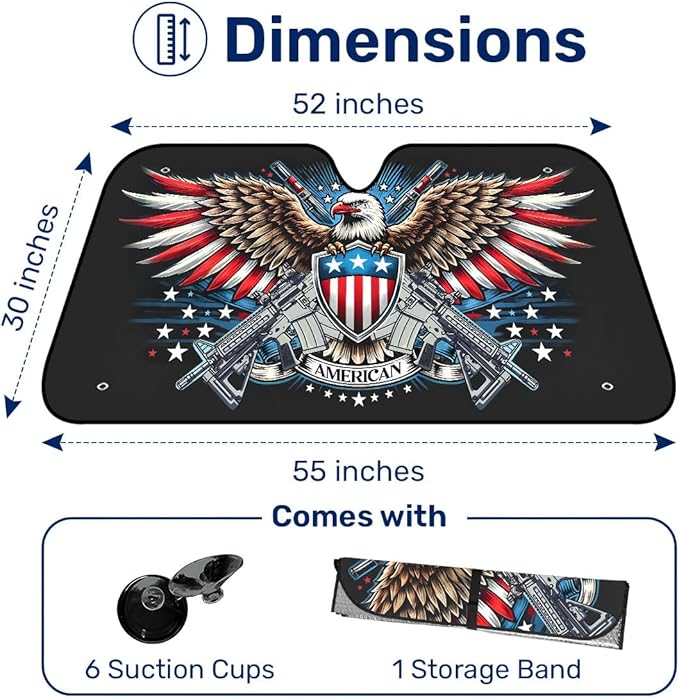 GENANY Eagle Windshield Sun Shade for Car SUV Truck (55x30 Inches), Patriotic Sun Shade Windshield, Shades for Front Windows, Protector Blocks UV, Car Decor