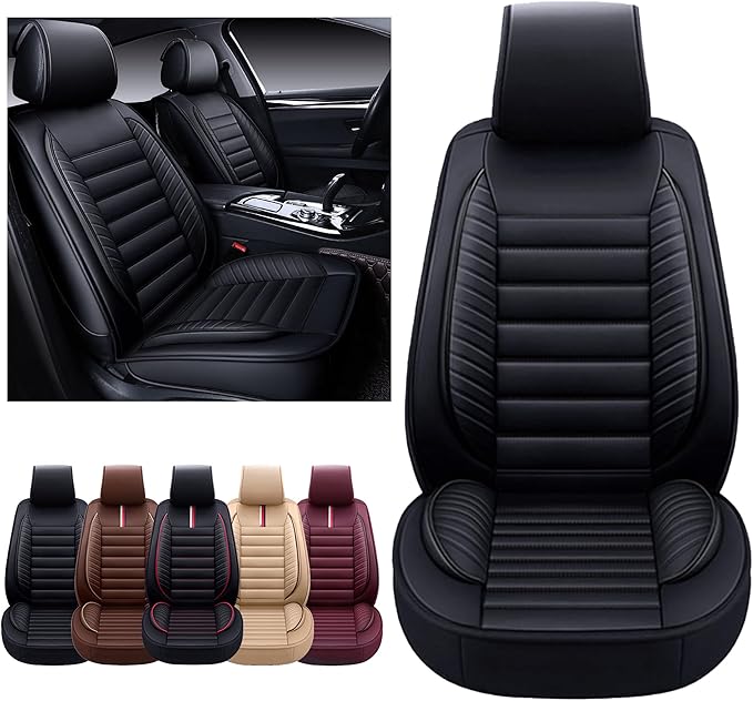 OASIS AUTO Car Seat Covers Front Seats Premium Waterproof Faux Leather Cushion Universal Accessories Fit SUV Truck Sedan Automotive Vehicle Auto Interior Protector (OS-001 Black)