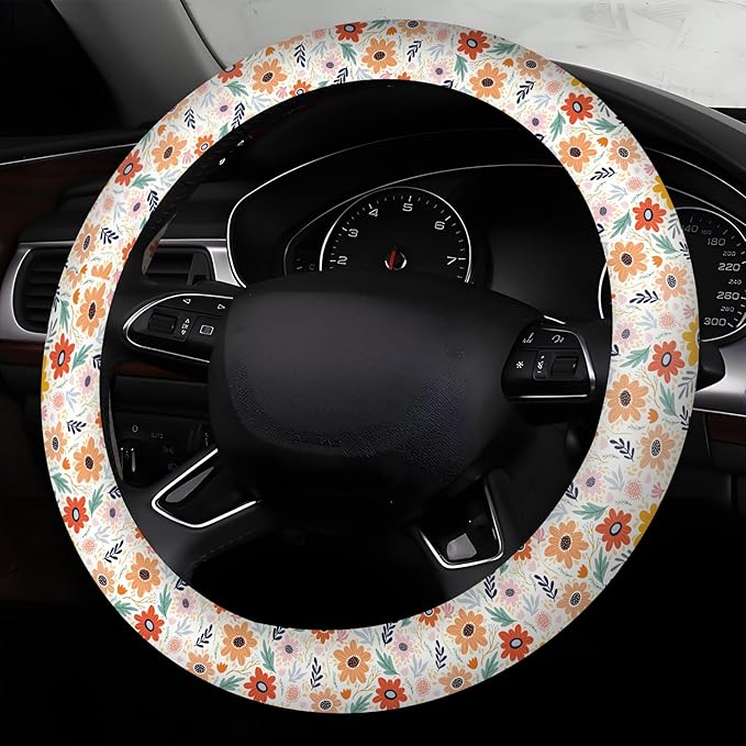 Car Steering Wheel Cover, Universal 15 Inch Neoprene Non-Slip Steering Wheel Covers, Funny Car Accessories for Women Men Fit Auto, Suvs, Truck Colorful Adorable Flowers