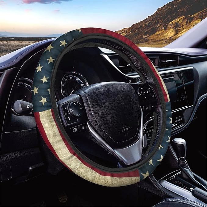 AFPANQZ America Flag Deisgn Car Steering Wheel Covers Non-Slip Universal 14 to 15 inch Fit Almost Cars Steering Wheel Cover Elastic Protection Sweat Absorption Automotive Decor