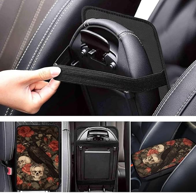 Crow Print Armrest Cover Pad for Car Skull Rose Print Center Console Cushion Pad Universal Decorative Car Armrest Box Protector Cover, Black