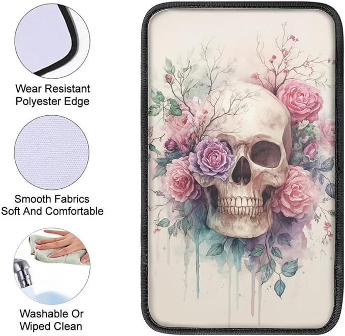 Skull Rose Print Armrest Cushion Cover for Car Neoprene Car Center Console Cushion Pad Non Slip Decorative Armrest Seat Box Cover for SUV Truck Sedan