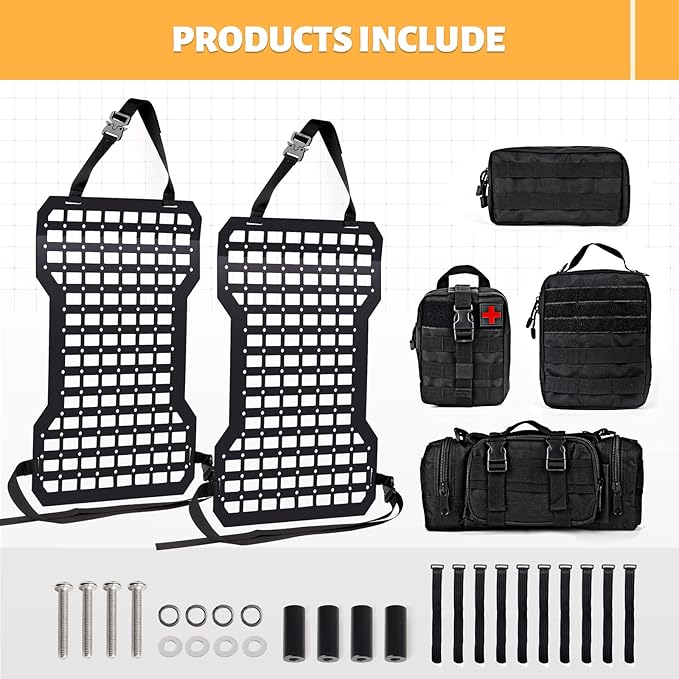 MAIKER 2pcs Tactical Seat Back Molle Panel Compatible with 2021-2026 Ford Bronco, Tactical Rigid Molle Aluminum Insert Panel with 4 Storage Bags and 10 Fastening Tape
