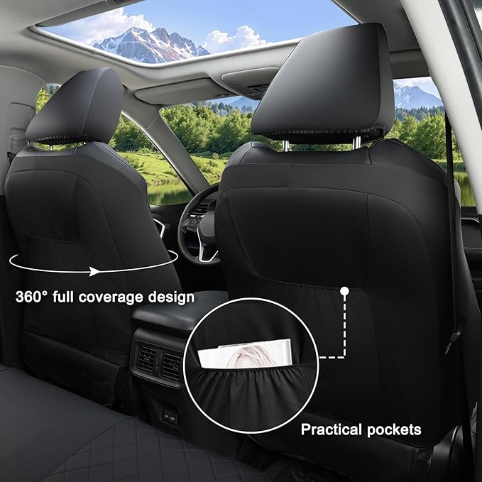 GIANT PANDA Full Set Car Seat Covers Custom Fit for Toyota Rav4 Hybrid SE/XSE 2019 2020 2021 2022 2023 2024 2025 Rav 4,Prime SE,Prime XSE 2021 2022 2023 2024,Stretch Faux Leather,Polyester Fiber,Black