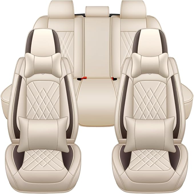 Car Seat Covers Compatible with Toyota Camry 1999-2026 Durable Waterproof Automotive Seat Covers Stretchable Fabric Material, Airbag Compatibility, Nappa Leather(Full Set with Pillow, Beige Brown)