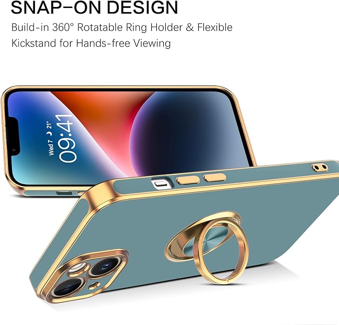 VENINGO iPhone 14 Case,Phone Cases for iPhone 14,Slim Fit Soft 360° Ring Holder Kickstand Magnetic Car Mount Supported Easy Clean Shockproof Protective Cover for Apple iPhone 14 6.1", Blue Grey/Golden