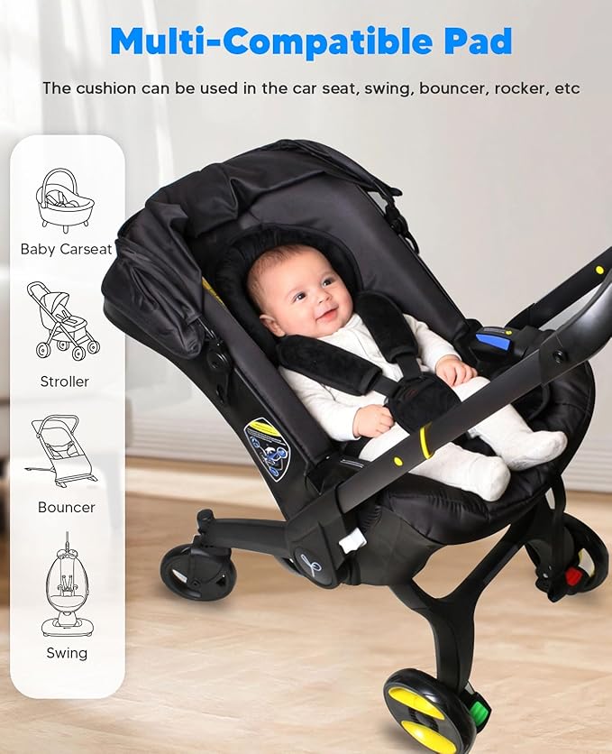 Infant Car Seat Insert for Newborn Girls Boys, 3 in 1 Reversible Cushion for Carseat with Strap Pads Buckle Cover Extra Soft Carseat Support Pad for All Season, Black