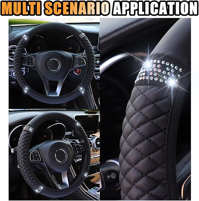 Bling Soft Leather Steering Wheel Cover, 15 Inch Colorful Rhinestones Auto Elastic Protector with Crystal Diamond for Women Girls, Car Accessories for Most Cars, SUVs (Black)