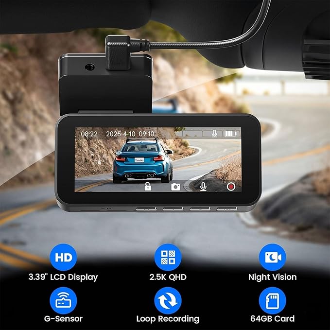 2.5K Dash Cam Front and Rear with 64GB Card, Car Camera WiFi & GPS, 3.39" IPS Screen, WDR Night Vision, Parking Monitor, G-Sensor Dash Camera