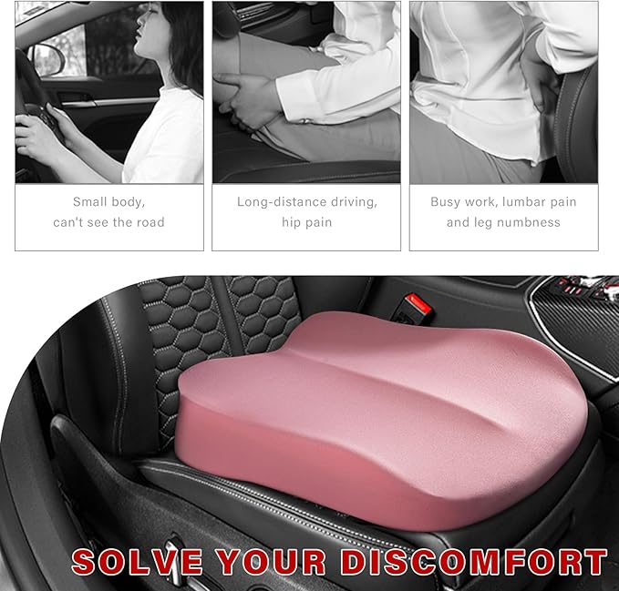 Car Seat Cushion, Ergonomic Memory Foam Auto Booster Seat Pad with Nonslip Bottom, Comfortable Vehicle Cushion for Short People Driving Fit for Sedan Truck SUV, Car Accessories (Pink)