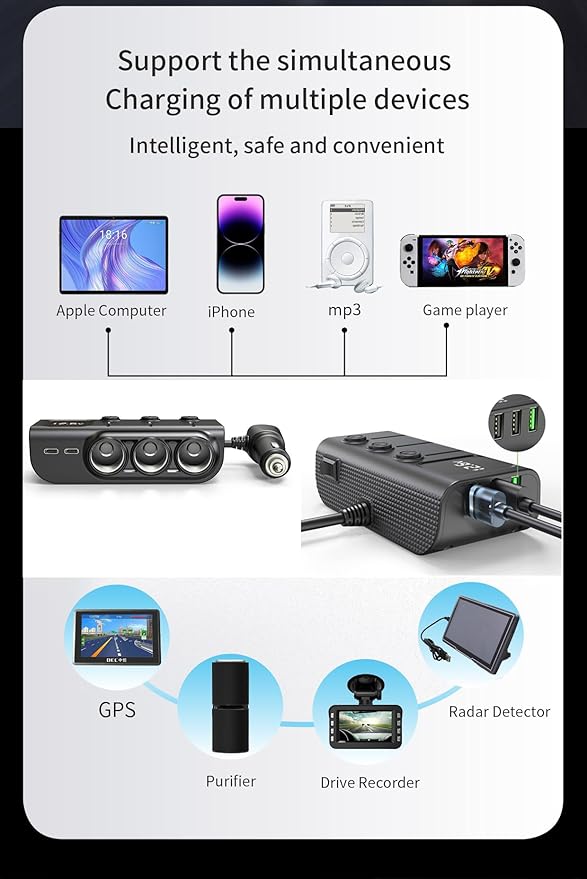 8 in 1 Cigarette Lighter Splitter, 120W 3 Socket Car Charger Adapter,5 USB,Type-C PD36W, Fast Charging,12V/24V Input, Built-in Protecter, Zero Risk to Car & Devices,for Car, Truck, SUV, RV, Camping