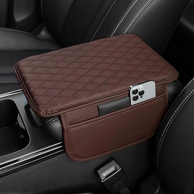 Car Armrest Cushion for Isuzu D-MAX MU-X 2015-2025, Center Console Covers Pad Leather Accessories, Arm Rest Protector Mat with Side Storage Bag for SUV/Sedan/Truck, C/Brown