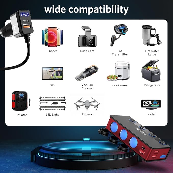 BESTEK 9 in1 Cigarette Lighter Splitter with 180W 3-Socket PD36W/65W Cigarette Lighter Adapter and QC3.0 18W Charging Ports, Car Cigarette Lighter for Dash Cam, GPS, iPad/Laptop/Phone