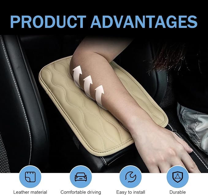 Car Center Console Cushion Pad, 11.57 x 8.19IN Leather Arm Rest Cover, Comfortable Waterproof Armrest Seat Box Cover, Car Interior Protection Accessories, Universal for Vehicle (Beige)