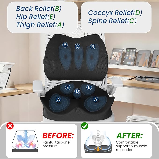 Seat Cushion Lumbar Support Pillow for Office Chair, X Large Memory Foam Chair Cushions for Sciatica Tailbone Pain Relief Coccyx Pad for Wheelchair, Car, Home, Office, Desk