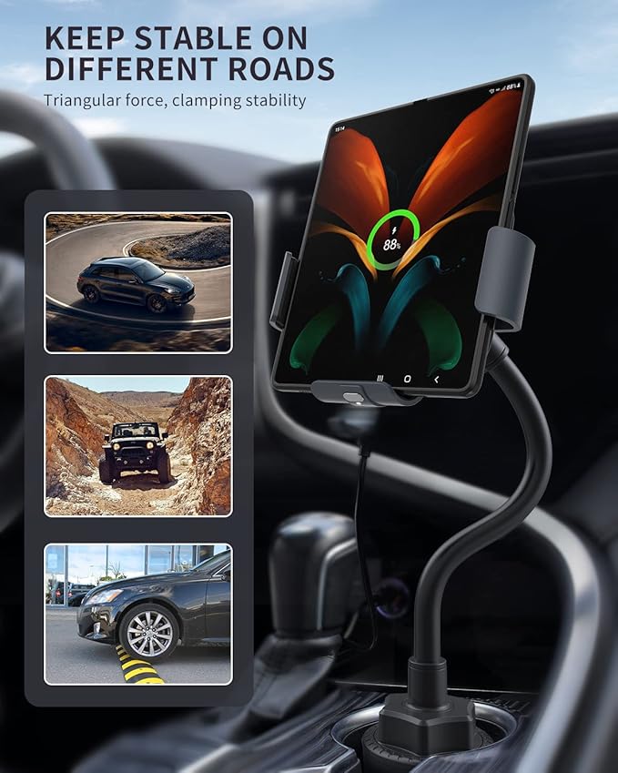 Wireless Car Charger for Z Fold 7/6/5/4/3/2, Dual Coil Cup Holder Phone Mount, Wireless Car Charger for Tesla, Auto Clamping Fast Charging for iPhone 16/15/14(Not Fit for Pixel Fold)