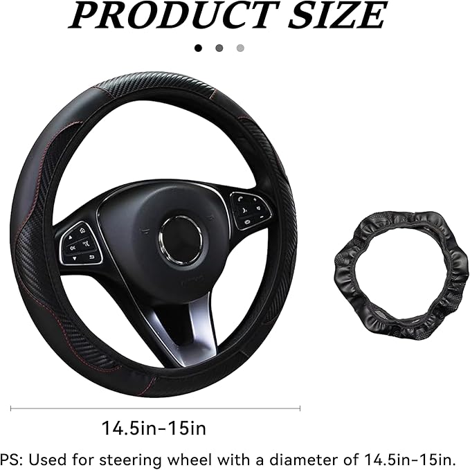 Car Steering Wheel Cover, 15 inch Carbon Fiber Microfiber Anti-Slip Breathable PU Leather Elastic Steering Wheel Protector, Car Interior Accessories for Most Cars (Black)