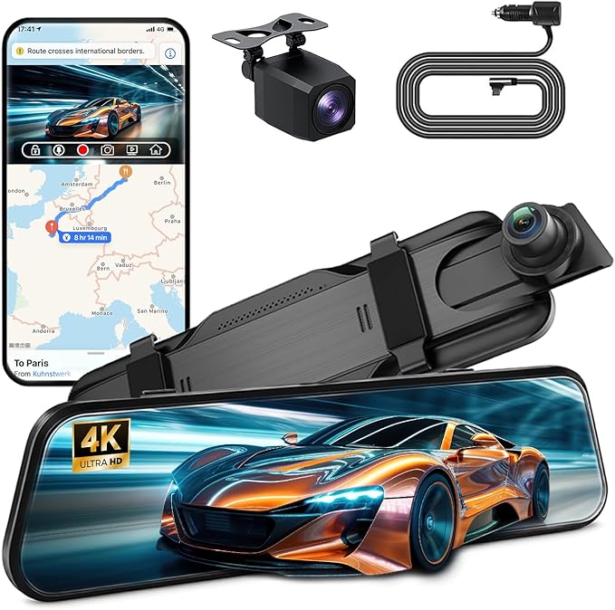 4K Mirror Dash Cam with Carplay&Android Auto,10" Rear View Mirror Camera for Cars/Trucks with Voice Control/Real 64GB Card/Touch Screen/Parking Monitor/Reverse Assist/Dual Loop Record/WDR Tech