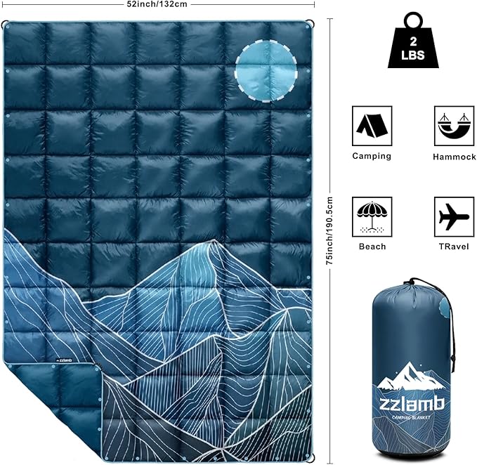 zzlamb Camping Blanket for Cold Weather,Outdoor Puffy Blanket Portable Down Alternative,Windproof Warm Cloak with Snaps,Cozy Quilt Backpacking Picnic RV Travel Plane Car Hammock Beach Climbing