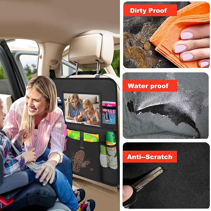 2 Pack Car Backseat Organizer with Touch Screen Tablet Holder,6 Storage Pockets Protectors Kick Mats,Car Back Seat Cover Protector Travel Accessories for Kids