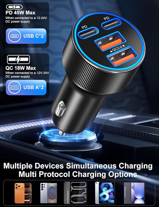 USB C Car Charger, Upgraded 90W 4-Port Dual 12V USB-C & USB-A Car Phone Charger Multiport QC 3.0/PD45W Super Fast Charging Cigarette Lighter Adapter for iPhone 17 16 15 14 Pro Max Galaxy Android