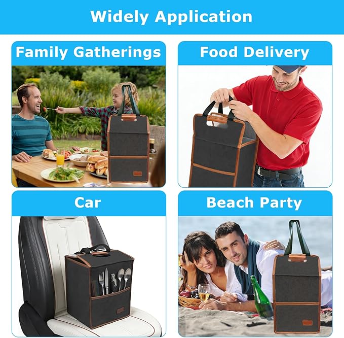 4 Cup Drink Carrier with Handle, Reusable Insulated Cooler Drink Caddy for Car Cup Holder, Foldable Coffee Carrier Bag with Adjustable Dividers, Portable for Car, Travel, Picnic Party, Food Delivery