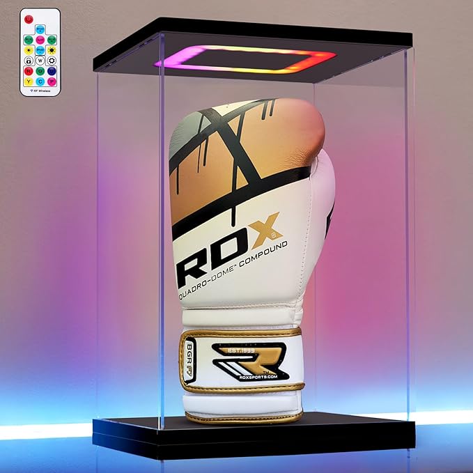 Boxing Glove Display Case with Light, Multiple Color Lights Dustproof Protection Boxing Glove Showcase for Collectibles Memorabilia Storage（8.6×7.9×13inch）
