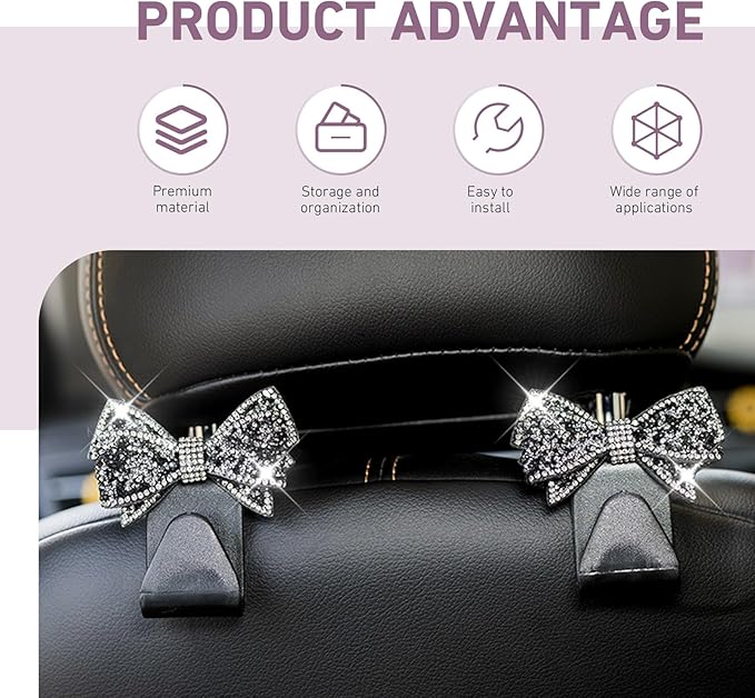2 PCS Car Seat Headrest Hooks, Bling Rhinestone Bow Hangers, Invisible Backseat Storage Hooks, Universal for Most Cars, SUVs, Vehicles (Black)