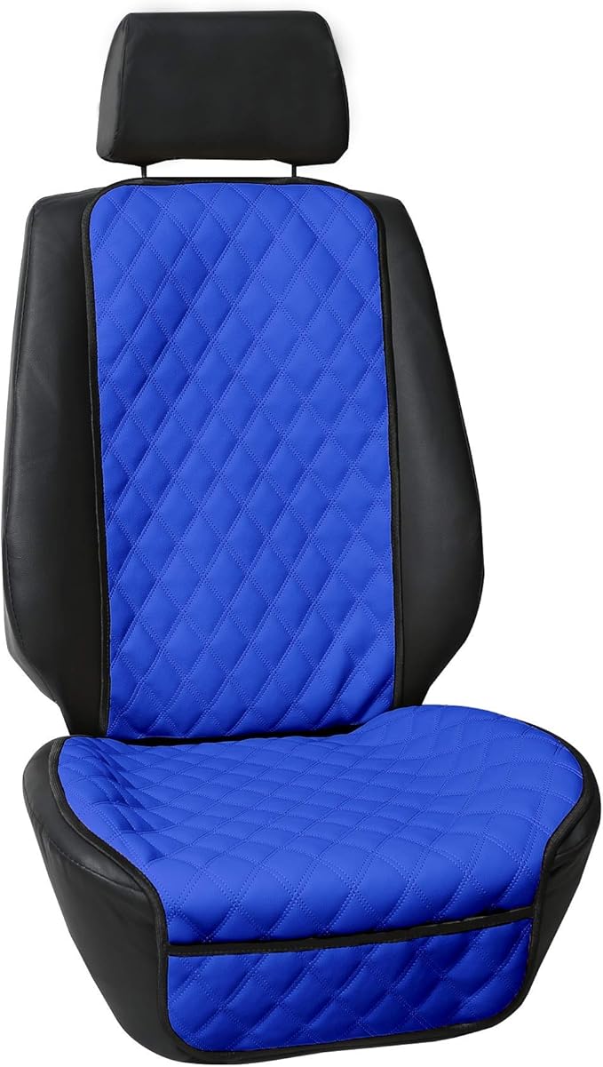 FH Group Car Seat Cushion – Faux Leather Single Front Seat Cover with Front Pockets, Airbag Compatible, Universal Fit Car Seat Cushion for Driver or Passenger Seat, SUV, Truck, Sedan & Van – Blue