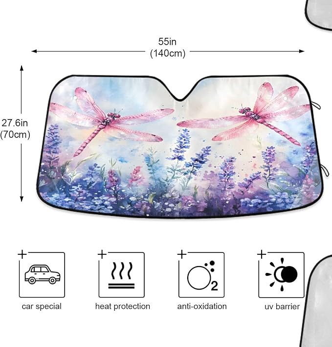 xigua Watercolor Dragonflies Car Windshield Sunshade Foldable Front Window Sun Visor Protector for Car,SUV,Truck - Keep Vehicle Cool,55 x 27.6 Inch