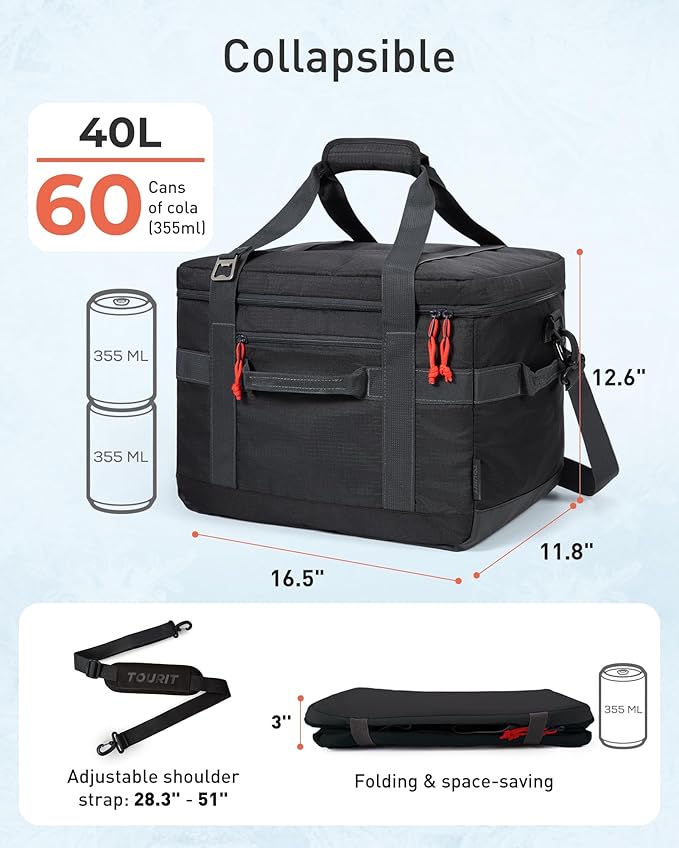 TOURIT Soft Sided Cooler Bag Insulated 48/60 Cans, Large Collapsible & Leakproof Ice Chest for Picnic, Beach, Camping, Travel
