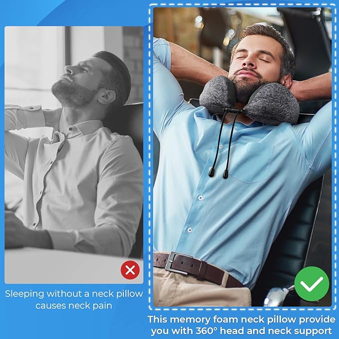 Travel Pillow, 2 Pack Travel Pillows for Sleeping Airplane, Neck Pillow Airplane, Memory Foam Neck Pillow Set with Eye Mask, Earplugs and Storage Bag -Grey & Blue