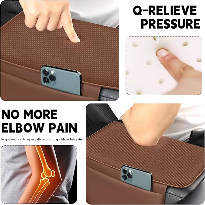 Car Armrest Cover Pad - Nappa Leather Car Center Console Cover with Breathable Holes, Non-Slip Auto Arm Rest Cushion, Universal Car Interior Accessories Fit forTesla Model Y (Dark Brown)