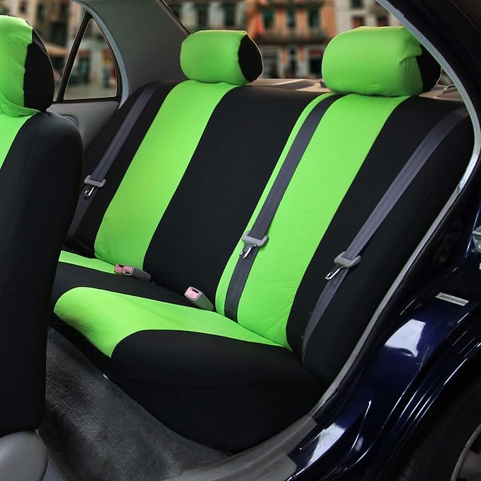 FH Group Car Seat Covers Flat Cloth Automotive Green Full Set, Rear Solid Bench Universal Fit Combo Steering Wheel Cover & Seat Belt Pads Car Seat Protector for Cars Trucks SUV Interior Accessories