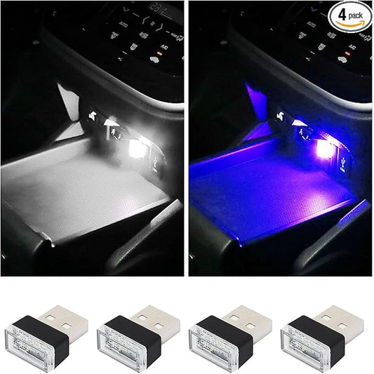 Augeny 4 PCS USB LED Car Interior Atmosphere Lamp, Plug-in USB Decor Night Light, Portable Auto Ambient Lighting Kit, Universal Vehicle Interior Accessories for Most Cars (White & Blue)