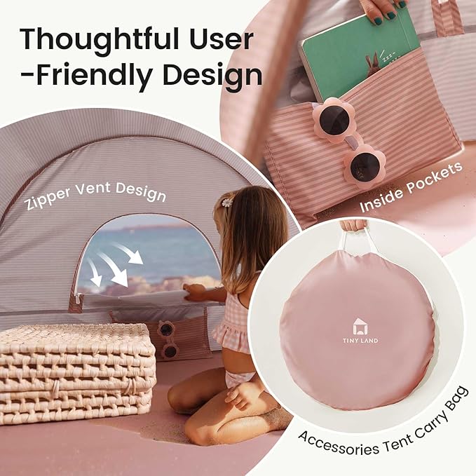 Tiny Land Baby Beach Tent – Pop Up Baby Tent with UV Protection, Portable Baby Beach Essentials, 35"x28"x32" Sun Shelter for Infants, Baby Outdoor Use (Pink)