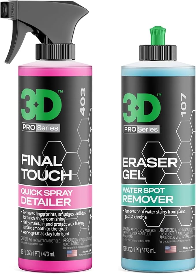 3D Final Touch & Eraser Gel Bundle – Quick Detail Spray + Hard Water Spot Remover – High Gloss Shine + Paint Safe Water Spot Cleaning – 16oz Each