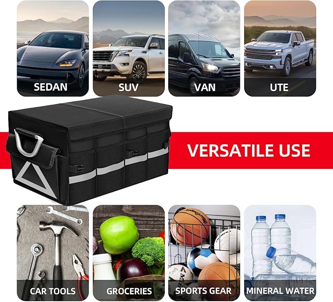 Trunk Organizer Wiith Lid For SUV, Truck, Car Trunk Organizer, Large, Black, 4-Compartments With Handle